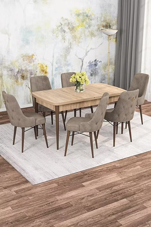 Zümra Serisi, Meşe Desen 80X132 Açılabilir Mdf Mutfak Masası Takımı 6 Adet Sandalye