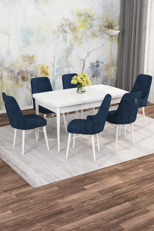 Zümra Serisi, Beyaz 80X132 Açılabilir Mdf Mutfak Masası Takımı 6 Adet Sandalye