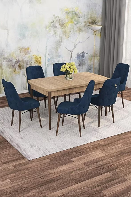 Zümra Serisi, Meşe Desen 80X132 Açılabilir Mdf Mutfak Masası Takımı 6 Adet Sandalye