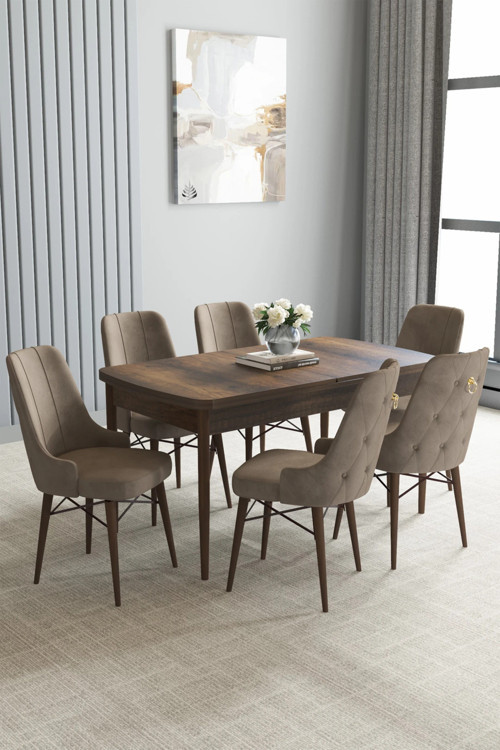 Zümra Serisi, Barok Desen 80X132 Açılabilir Mdf Mutfak Masası Takımı 6 Adet Sandalye