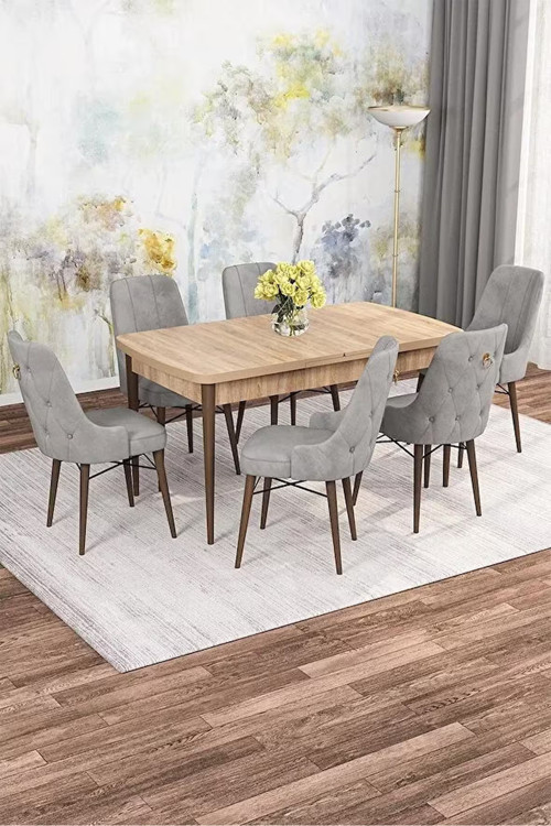 Zümra Serisi, Meşe Desen 80X132 Açılabilir Mdf Mutfak Masası Takımı 6 Adet Sandalye