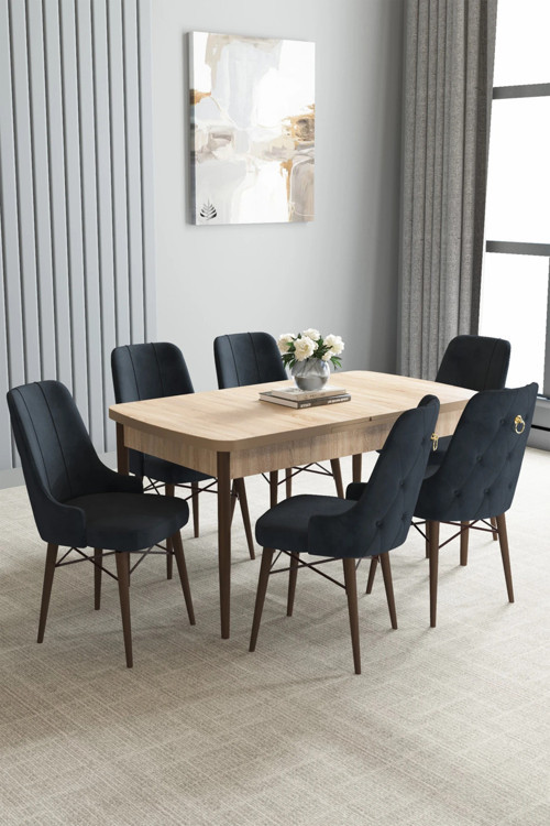 Zümra Serisi, Meşe Desen 80X132 Açılabilir Mdf Mutfak Masası Takımı 6 Adet Sandalye