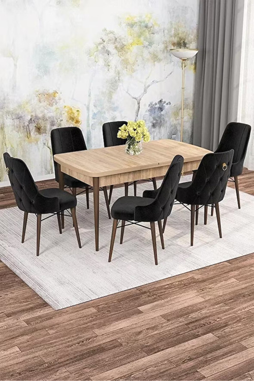 Zümra Serisi, Meşe Desen 80X132 Açılabilir Mdf Mutfak Masası Takımı 6 Adet Sandalye