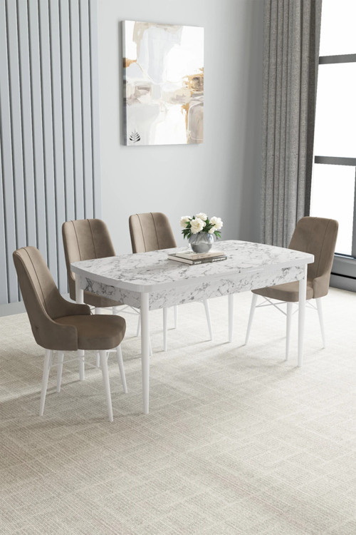 Zümra Serisi, Beyaz Mermer Desen 80X132 Açılabilir Mdf Mutfak Masası Takımı 4 Adet Sandalye