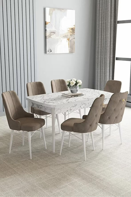Zümra Serisi, Beyaz Mermer Desen 80X132 Açılabilir Mdf Mutfak Masası Takımı 6 Adet Sandalye