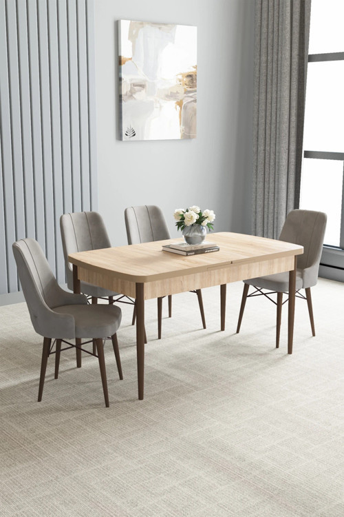 Zümra Serisi, Meşe Desen 80X132 Açılabilir Mdf Mutfak Masası Takımı 4 Adet Sandalye