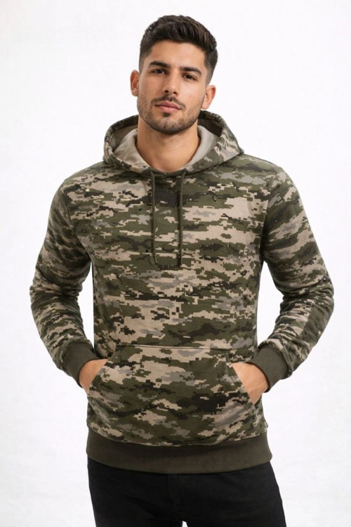 Erkek Kamuflaj Desenli 2 İplik 4 Mevsim Kapüşonlu Kanguru Cepli Hoodie Sweatshirt - Kamuflaj