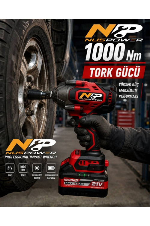 1000 Nm Kömürsüz Somun Sıkma Makinesi 21V 10 Pilli Profesyonel Darbeli Vidalama (Kırmızı)