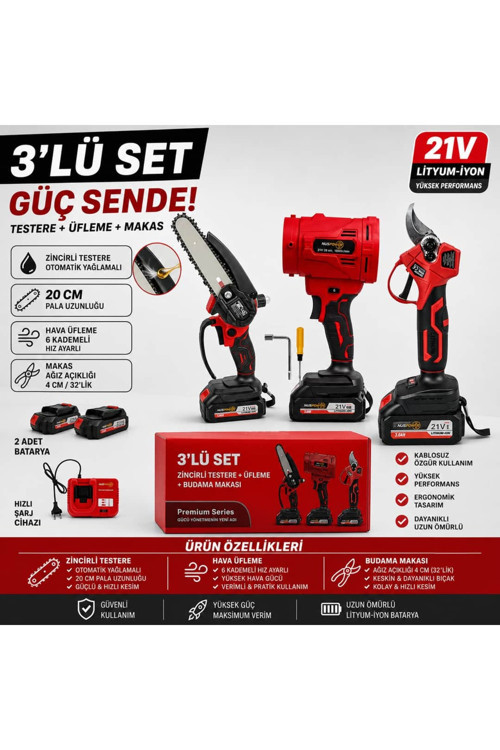 3'Lü Set Akülü Testere + Üfleme Makinesi + Budama Makası