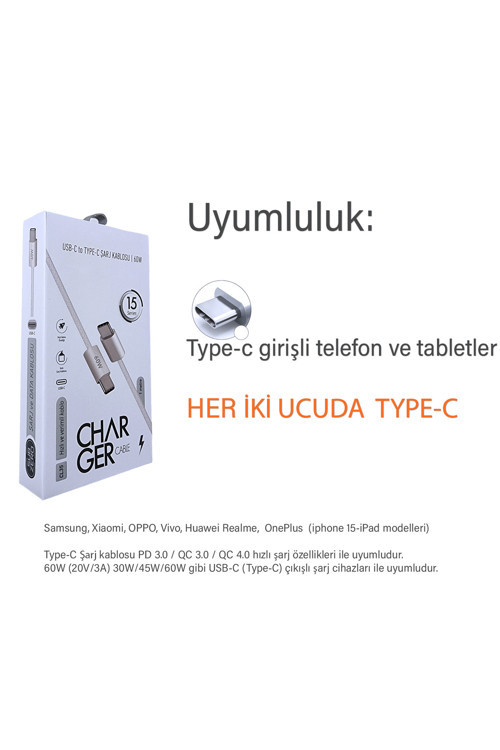 Samsung A53 A54 A55 A56 A57 Hızlı Şarj Kablosu Type-C - Type-C Şarj Kablosu 60W 6