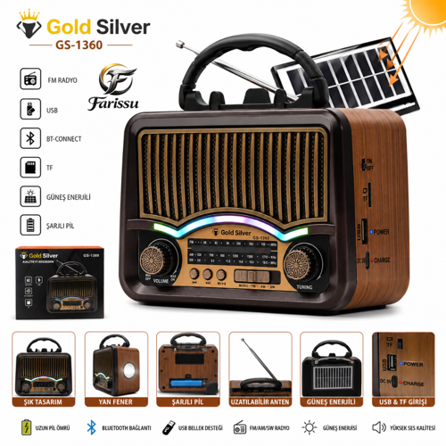 GS-1360 Nostaljik Tasarım Bluetooth Hoparlörlü Güneş Enerjili Şarjlı FM/AM/SW Radyo