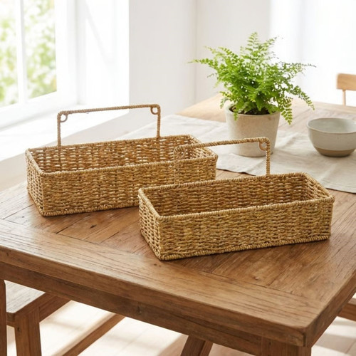 2’li Duvar Askılı Plastik Rattan Organizer – Dikdörtgen Hasır Görünümlü Mutfak Raf Sepeti, Banyo ve