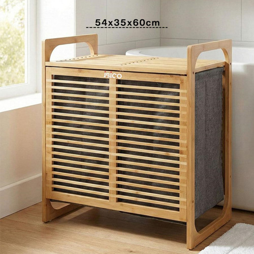 KALIN AHŞAP BAMBU 2 BÖLMELİ KİRLİ ÇAMAŞIR SEPETİ KUMAŞ ÇANTALI SEPET=54X35X60CM (2)