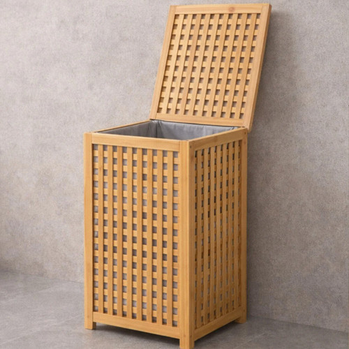 KALIN AHŞAP BAMBU KİRLİ ÇAMAŞIR SEPETİ KUMAŞ ÇANTALI SEPET=40X40X58CM (2)