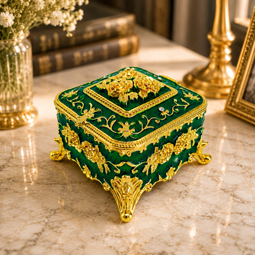 Kare Mücevher Takı Kutusu Yeşil Gold Dekoratif Takı Saklama Kutusu Metal Ayaklı 6x8x8 cm