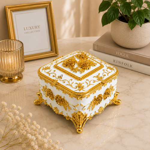 Kare Mücevher Takı Kutusu Yeşil Gold Dekoratif Takı Saklama Kutusu Metal Ayaklı 6x8x8 cm