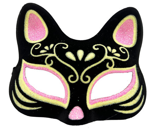 Siyah Renk Süet Kaplama Üzeri Pembe Sarı Simli Kedi Maskesi 17x14 cm (2)
