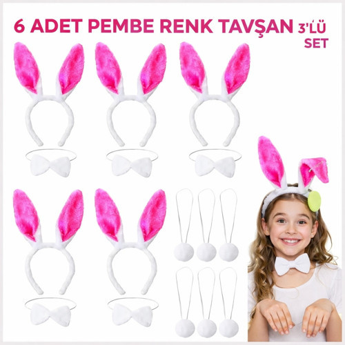 Şeker Pembesi Tavşan Sahne Seti 6'lı Set Taç Papyon Kuyruk (2)