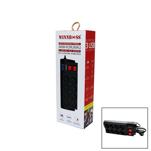 TERMAL AKIM KORUMALI 16A 8Lİ PRİZ 3XUSB 2MT ANAHTARLI UZATMA KABLO SİYAH (2)