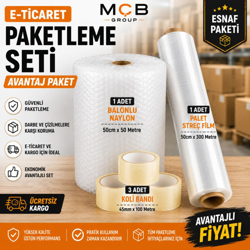 E-Ticaret Paketleme Seti 1 Adet 50cmx50m Balonlu Naylon + 1 Adet 50cmx300m Palet Streç Film + 3 Adet