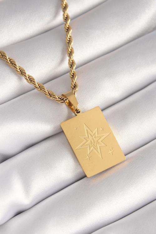 316L Çelik Gold Renk Burgu Zincir Kutup Yıldızı İşleme Plaka Figür Kadın Kolye - EBJ240510W23918