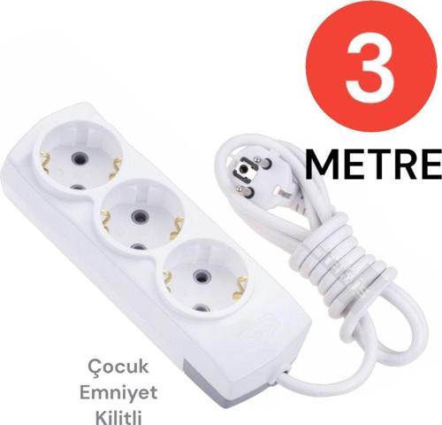 Grup Priz Topraklı 3 Lü 3 Metre Çocuk Korumalı Çoklu Priz Seyyar Ara Kablo Uzatma Kablosu