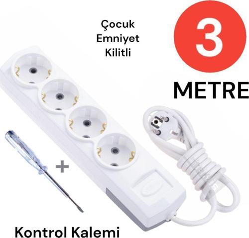 Grup Priz Topraklı 4 Lü 3 Metre + Kontrol Kalemi Çoklu Priz Seyyar Ara Kablo Uzatma Kablosu