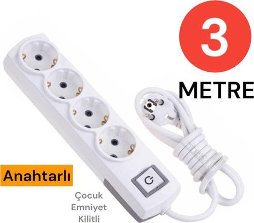 Grup Priz Topraklı 4 Lü 3 Metre Anahtarlı Çocuk Korumalı Çoklu Priz Seyyar Ara Kablo Uzatma Kablosu