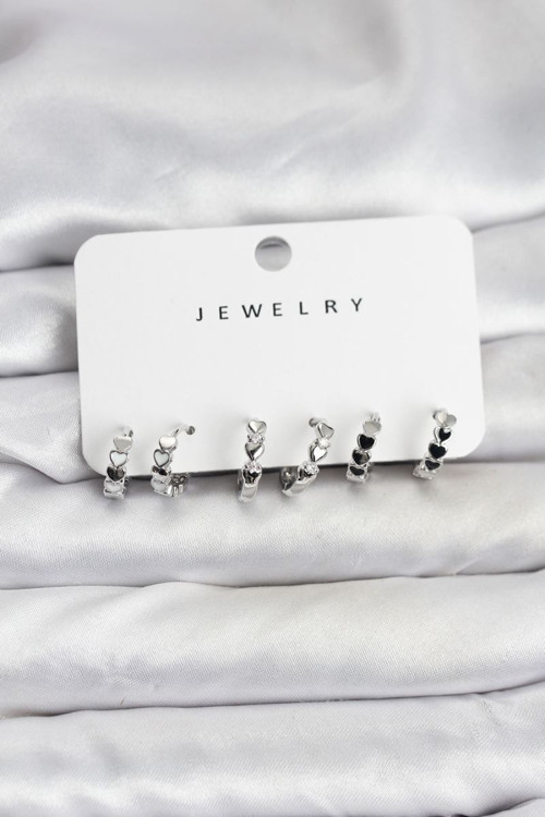 Gümüş Renk Pirinç Minimal Kalp Detaylı Kadın Küpe Seti