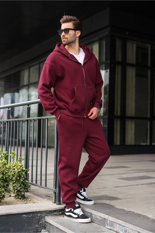 Bordo Çift Fermuarlı Kapüşonlu Eşofman Takımı E7345
