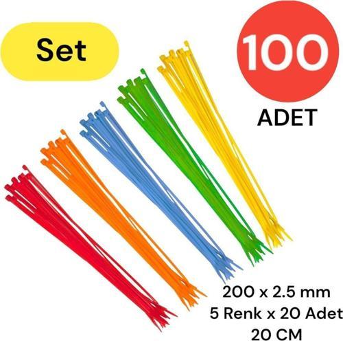 Plastik Kablo Bağı Klipsi Cırt Kelepçe Karışık Renk Set 200 Mm 5 Renk X 20 Toplam 100 Adet