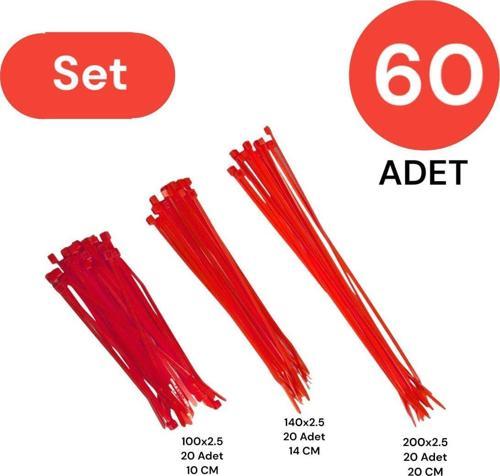 Plastik Kablo Bağı Klipsi Cırt Kelepçe Set 100-150-200 X 2.5 Mm Kırmızı (20 X 3) 60 Adet