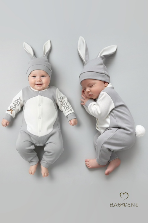 Tavşan Kulaklı Yenidoğan Tulum Seti %100 Pamuklu Ayarlanır Ponponlu Unisex Bebek Tulum Şapka Set