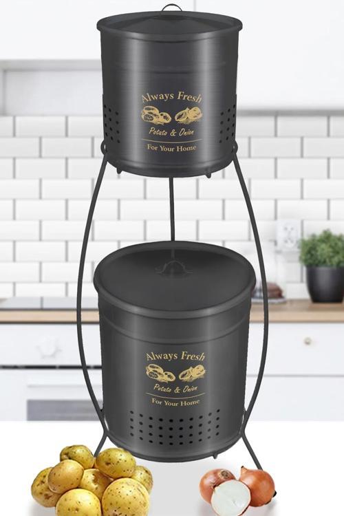 2 Katlı Patates Soğan Sebze Kovası | Çok Amaçlı Pratik 2 Katlı Saklama Kabı Soğan Patateslik Siyah