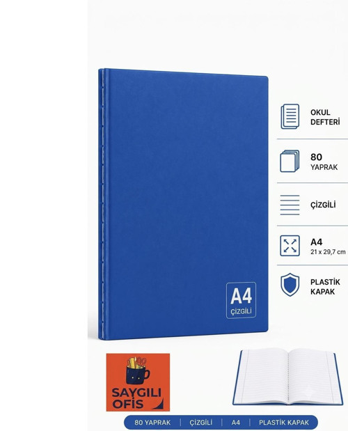 SaygılıOfis 80 Yaprak A4 DİKİŞLİ DÜZ Pp Kapak ÇİZGİLİ Defter