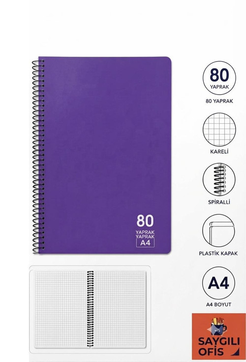 SaygılıOfis 80 Yaprak A4 Spiralli Pp Kapak Kareli Defter