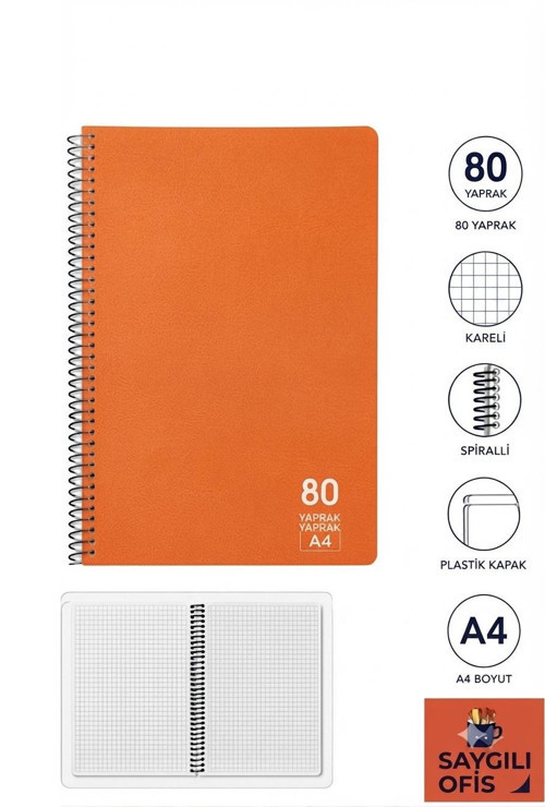 SaygılıOfis 80 Yaprak A4 Spiralli Pp Kapak Kareli Defter