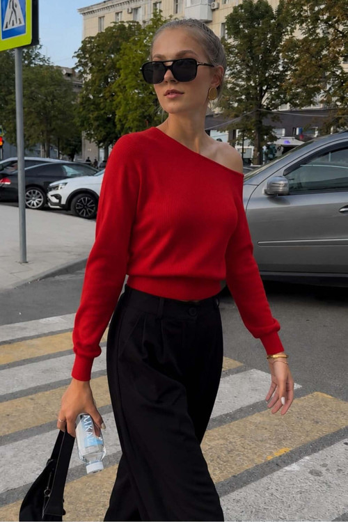 Kırmızı Modern Kayık Yaka Triko Bluz Mg2804