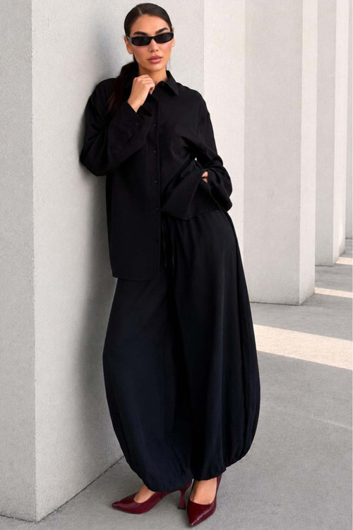 Siyah Oversize Gömlek Balon Pantolon Kadın Takım Mg2779