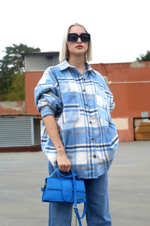 Mavi Oversize Kadın Oduncu Gömlek Mg1589