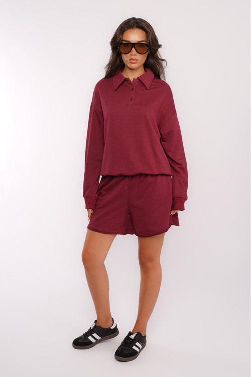 Bordo Polo Yaka Kadın Şort Sweatshirt Takım Mg2375
