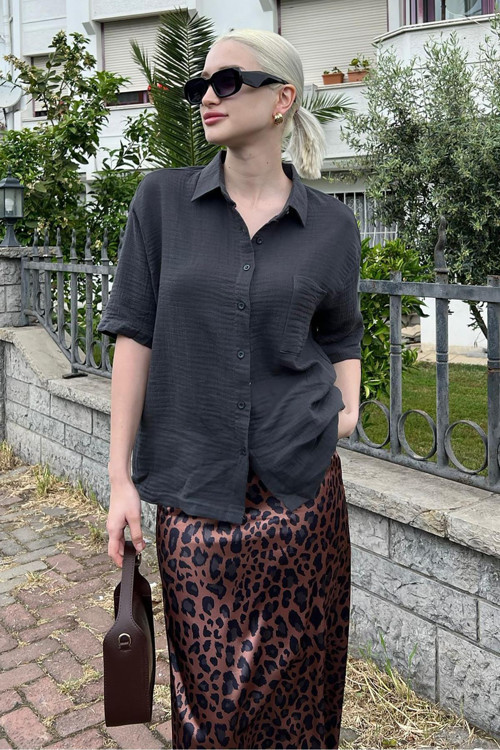 Füme Muslin Kumaş Basic Kadın Gömlek Mg1784