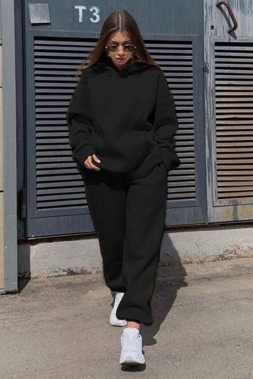Siyah Kapüşonlu Oversize Kadın Eşofman Takımı Mg1609
