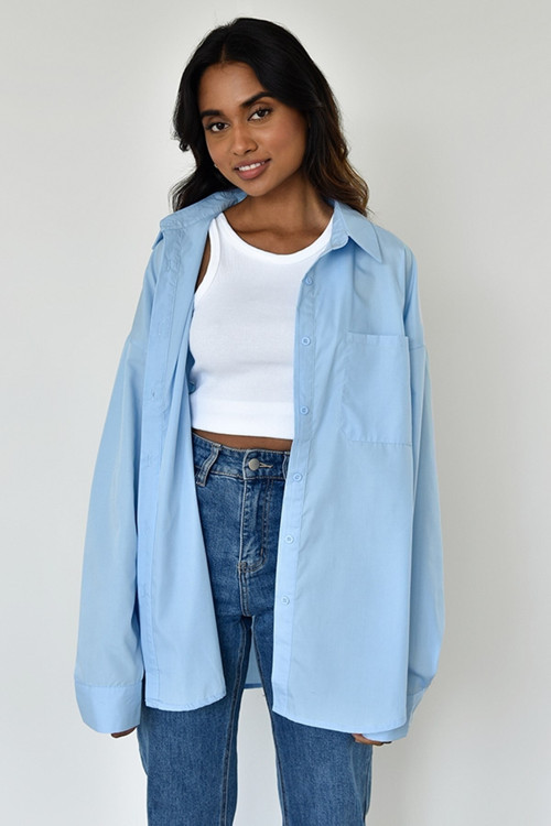 Mavi Oversize Basic Cepli Poplin Gömlek Mg1530