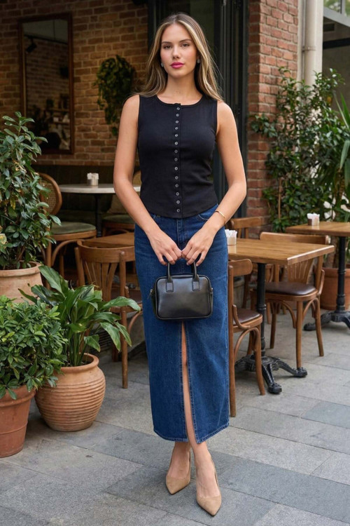 Siyah Bisiklet Yaka Düğmeli Kadın Bluz Mg2638
