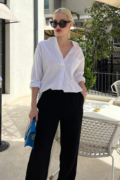 Beyaz Oversize Basic Cepli Poplin Gömlek Mg1530