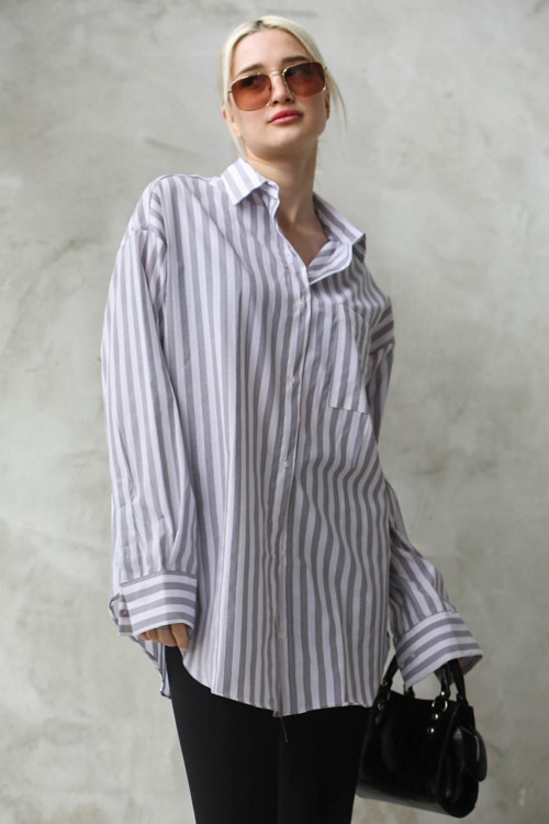 Gri Çizgili Oversize Kadın Gömlek Mg1688