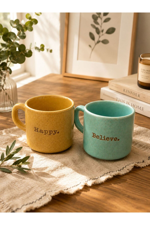 2'Li Believe (İnanmak) - Happy (Mutlu) - Feel (Hissetmek) Motivasyon Yazılı Renkli Kahve Seramik Kupa Seti