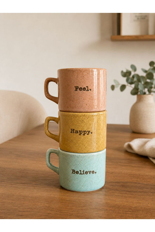 3'Lü Feel (Hissetmek) - Happy (Mutlu) - Believe (İnanmak) Motivasyon Yazılı Renkli Seramik Kupa Seti – 3’Lü Kahve Kupası Şık Tasarım Hediyelik Sunumluk