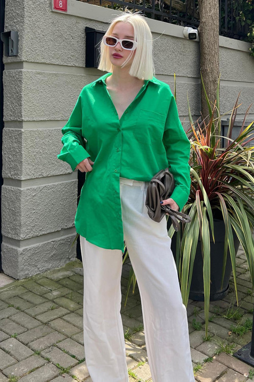 Yeşil Oversize Basic Cepli Poplin Gömlek Mg1530